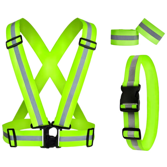 RUISHYY Reflective Running Gear Reflective Vest & Reflective Armband & Reflective Belt 3 Pcs Set High Visibility Reflective Gear Night Cycling Walking Safety Vest Straps for Men Women Kids (Green)