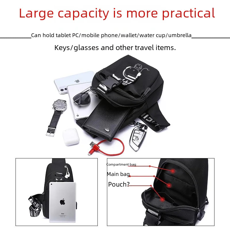 Men's Anti-Theft Canvas Crossbody Bag with Charger