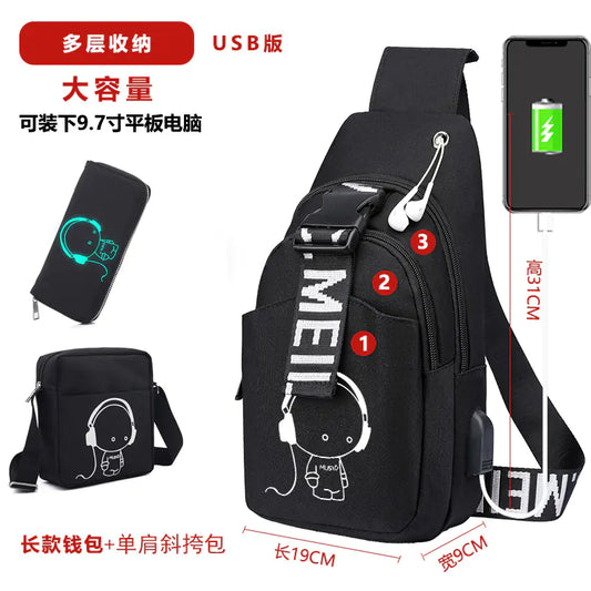 Men's Anti-Theft Canvas Crossbody Bag with Charger