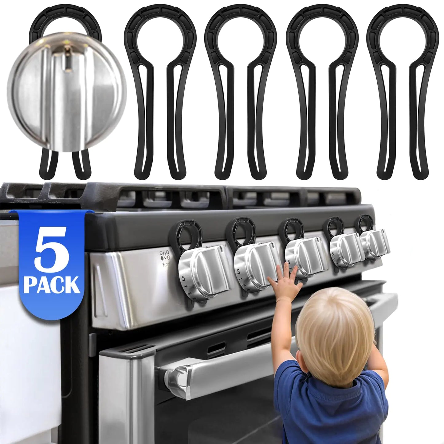DAFUWENG Stove Safety Knob Locks (5 Pack) Gas Stove Knob Locks Oven Knob Covers for Child Safety Oven Lock Baby Proofing Oven Child Safety Lock Stove Knob Safety Cover for Baby and Pet (Black)